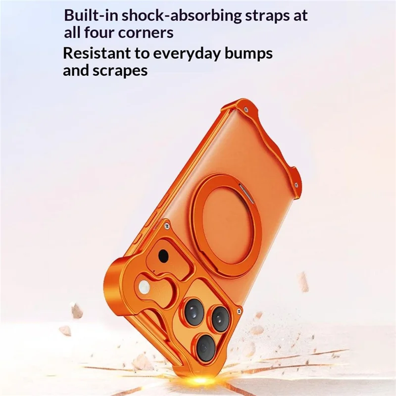Funda para iPhone 17 Pro Max con Soporte Giratorio Magnético, Carcasa sin Marco de Aleación de Aluminio Forjado y PC - Naranja