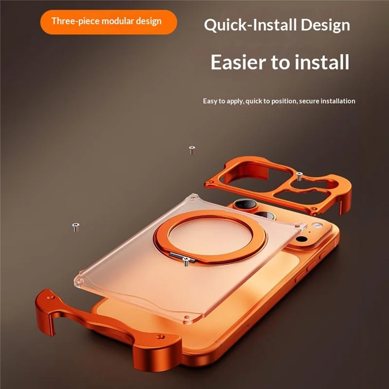 Funda para iPhone 17 Pro Max con Soporte Giratorio Magnético, Carcasa sin Marco de Aleación de Aluminio Forjado y PC - Naranja