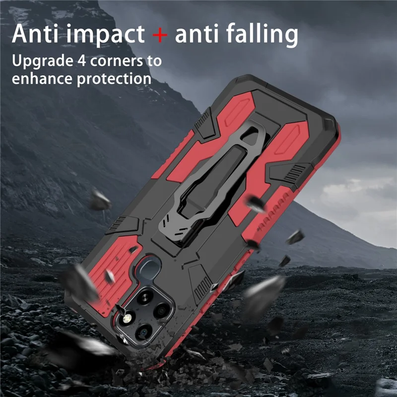 Projet Mechwarrior pour Infinix Smart 6 Étui de téléphone TPU + PC avec support, clip de ceinture et support de voiture avec feuille métallique - Rouge
