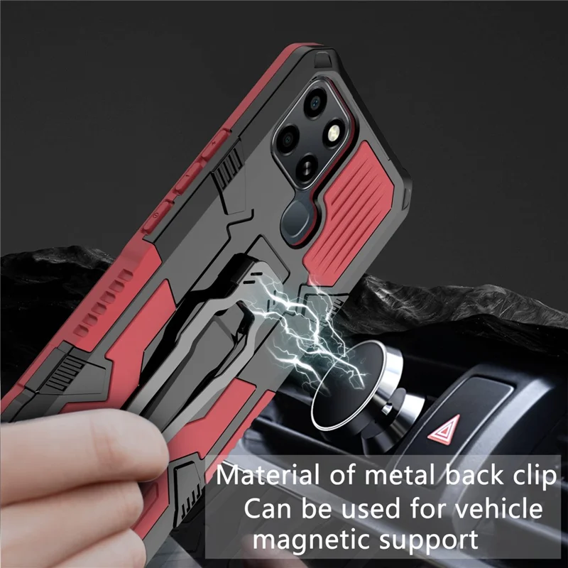 Projet Mechwarrior pour Infinix Smart 6 Étui de téléphone TPU + PC avec support, clip de ceinture et support de voiture avec feuille métallique - Rouge