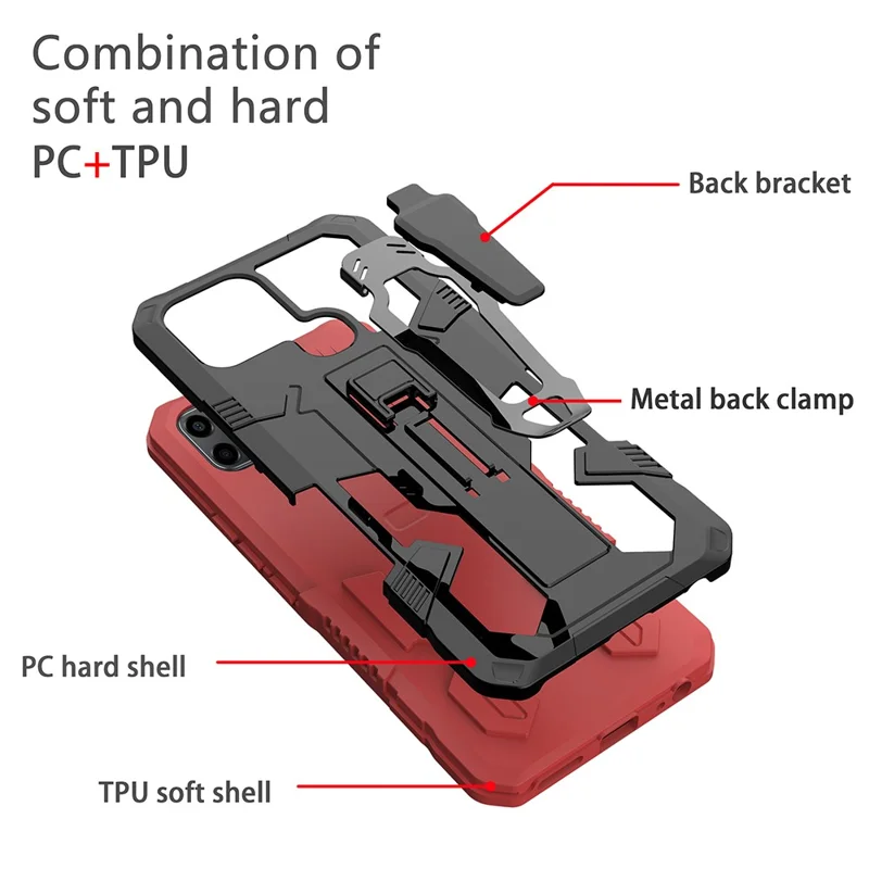 Projet Mechwarrior pour Infinix Smart 6 Étui de téléphone TPU + PC avec support, clip de ceinture et support de voiture avec feuille métallique - Rouge