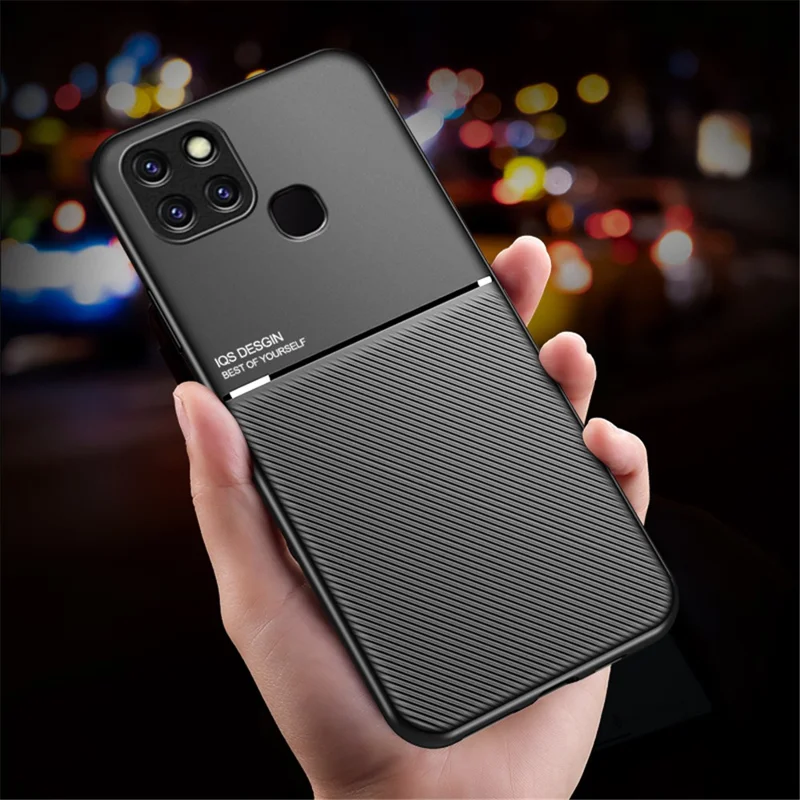 Для Infinix Smart 6 Линии с тиснением из искусственной кожи + чехол TPU Anti-Drop Phone Cover с металлической пластиной для автомобильного держателя - черный