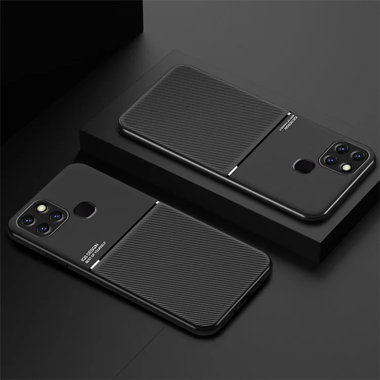 Для Infinix Smart 6 Линии с тиснением из искусственной кожи + чехол TPU Anti-Drop Phone Cover с металлической пластиной для автомобильного держателя - черный