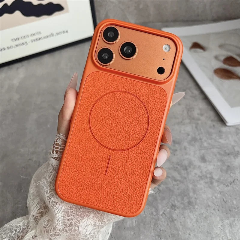 For iPhone 17 Pro Magnetic Case Litchi Texture Leather Coated PC + TPU Anti-Scratch Phone Cover - Orange