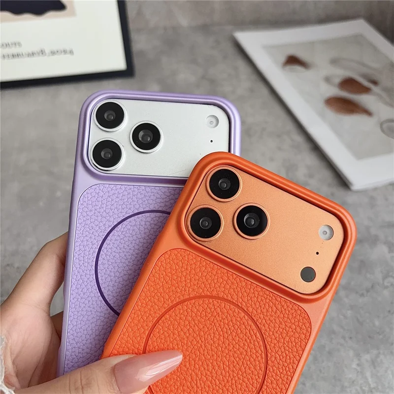 For iPhone 17 Pro Magnetic Case Litchi Texture Leather Coated PC + TPU Anti-Scratch Phone Cover - Orange
