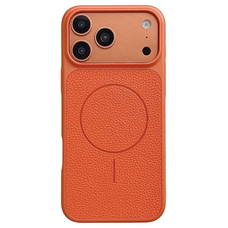 For iPhone 17 Pro Max Magnetic Case Litchi Texture Leather Coated PC + TPU Anti-Scratch Phone Cover - Orange