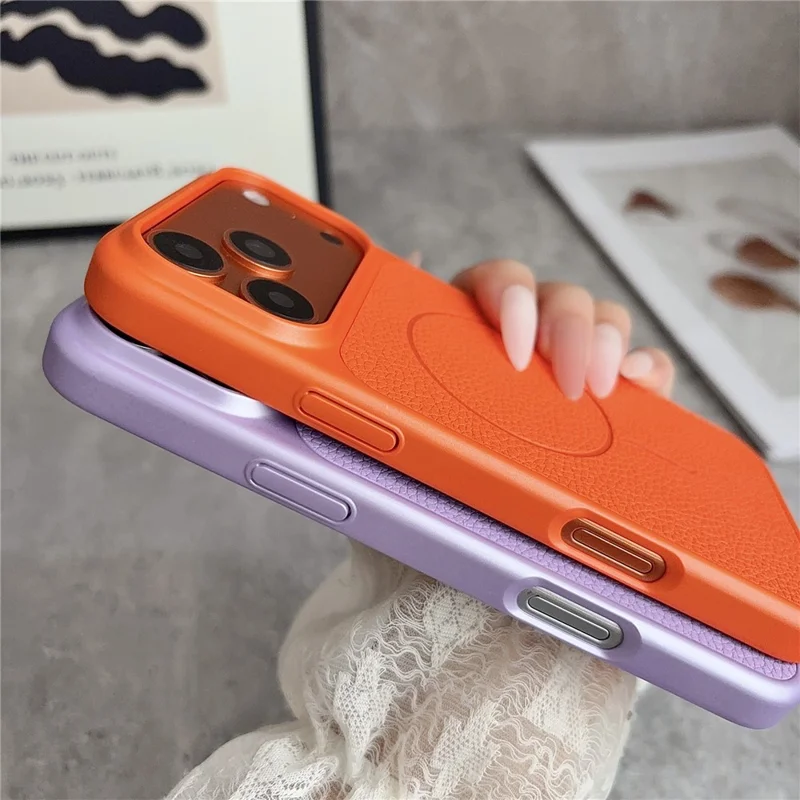 For iPhone 17 Pro Max Magnetic Case Litchi Texture Leather Coated PC + TPU Anti-Scratch Phone Cover - Orange