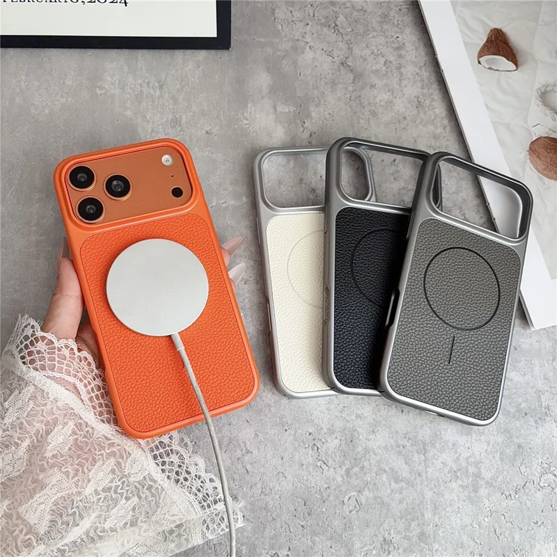 For iPhone 17 Pro Max Magnetic Case Litchi Texture Leather Coated PC + TPU Anti-Scratch Phone Cover - Orange