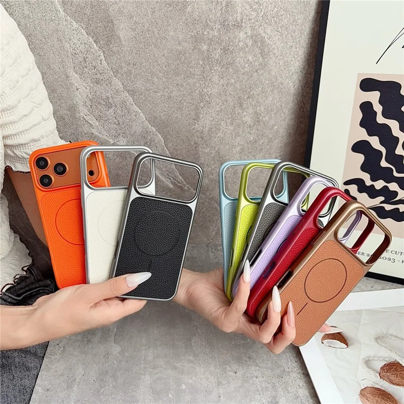 For iPhone 17 Pro Max Magnetic Case Litchi Texture Leather Coated PC + TPU Anti-Scratch Phone Cover - Orange