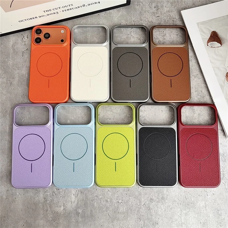 For iPhone 17 Pro Max Magnetic Case Litchi Texture Leather Coated PC + TPU Anti-Scratch Phone Cover - Orange