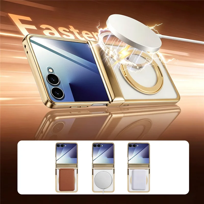 For Samsung Galaxy Z Flip8 Case Magnetic Rotating Kickstand Clear PC Phone Cover - Gold
