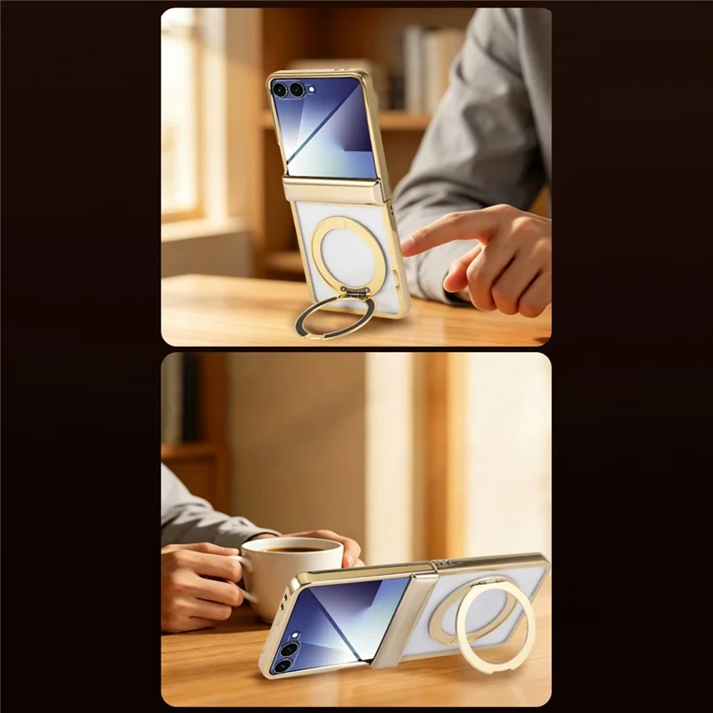 For Samsung Galaxy Z Flip8 Case Magnetic Rotating Kickstand Clear PC Phone Cover - Gold