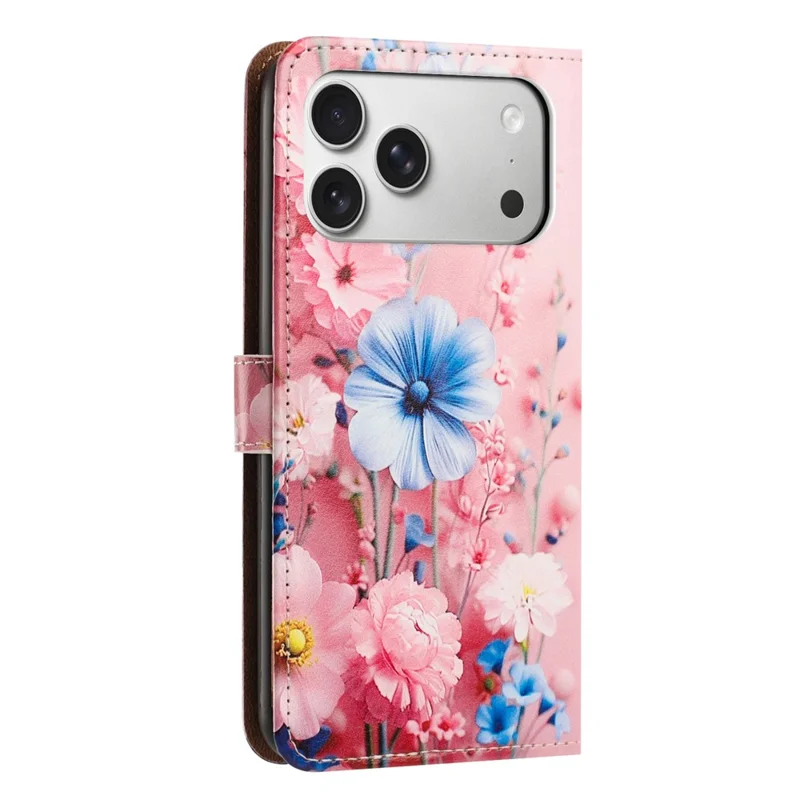 Til iPhone 18 Pro / 17 Pro Case med Printet Mønster, Wallet Flip Stående PU Læder Telefonbeskyttelse med Håndledsrem - Blå Blomst
