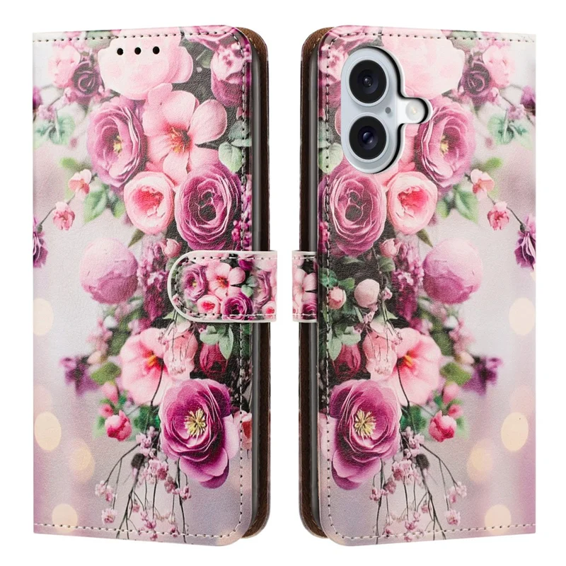 For iPhone 17 Case Pattern Printed Wallet Flip Stand PU Leather Phone Cover with Wrist Strap - Bouquet