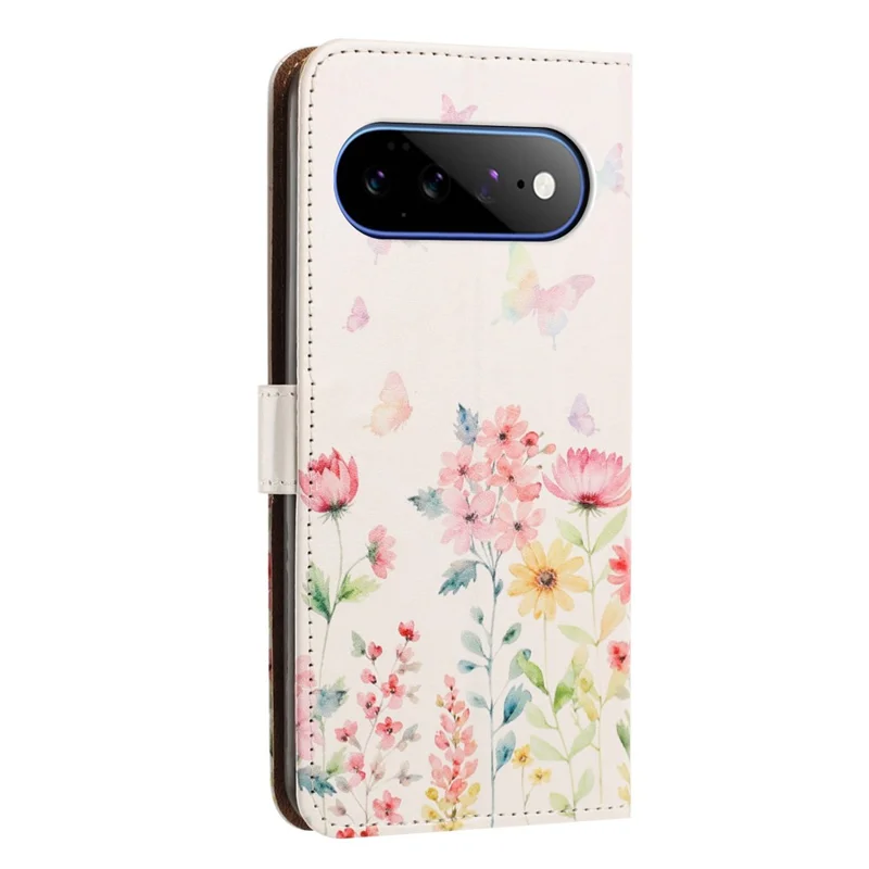 For Google Pixel 9 Pro XL  /  Pixel 10 Pro XL  /  Pixel 11 Pro XL Case Pattern Printed Wallet Flip Stand PU Leather Phone Cover with Wrist Strap - Floral Butterfly