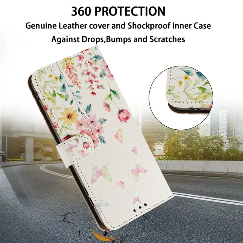 For Google Pixel 9 Pro XL  /  Pixel 10 Pro XL  /  Pixel 11 Pro XL Case Pattern Printed Wallet Flip Stand PU Leather Phone Cover with Wrist Strap - Floral Butterfly