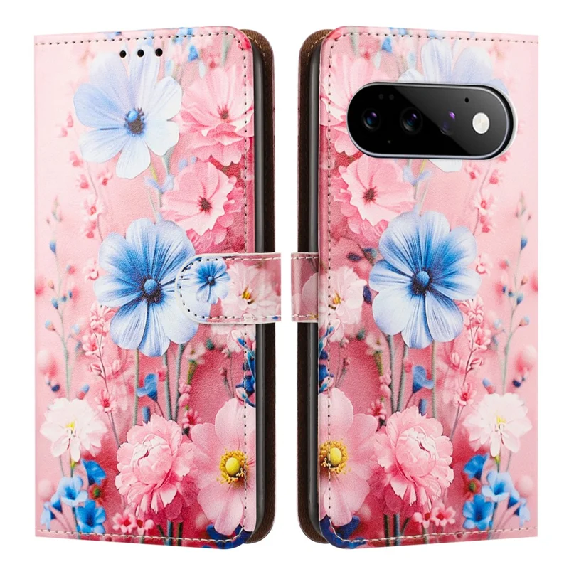For Google Pixel 11  /  Pixel 10  /  Pixel 10 Pro  /  Pixel 9  /  Pixel 9 Pro Case Pattern Printed Wallet Flip Stand PU Leather Phone Cover with Wrist Strap - Blue Floral