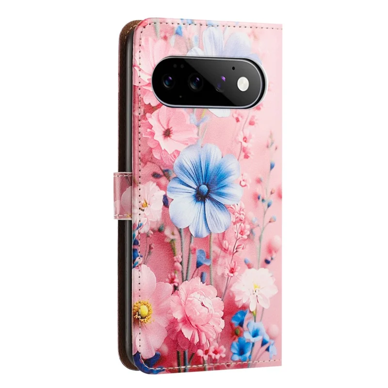 For Google Pixel 11  /  Pixel 10  /  Pixel 10 Pro  /  Pixel 9  /  Pixel 9 Pro Case Pattern Printed Wallet Flip Stand PU Leather Phone Cover with Wrist Strap - Blue Floral