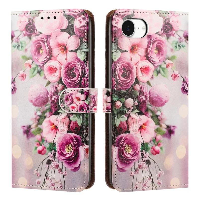 For iPhone 17e  /  16e Case Pattern Printed Wallet Flip Stand PU Leather Phone Cover with Wrist Strap - Bouquet