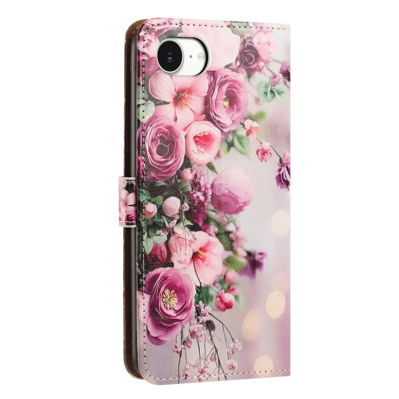 For iPhone 17e  /  16e Case Pattern Printed Wallet Flip Stand PU Leather Phone Cover with Wrist Strap - Bouquet