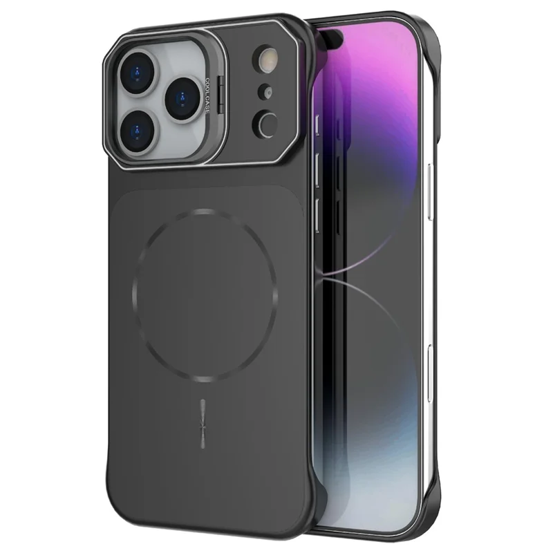 For iPhone 18 Pro / 17 Pro Magnetic Case Lens Frame Kickstand Matte PC Frameless Phone Cover - Black