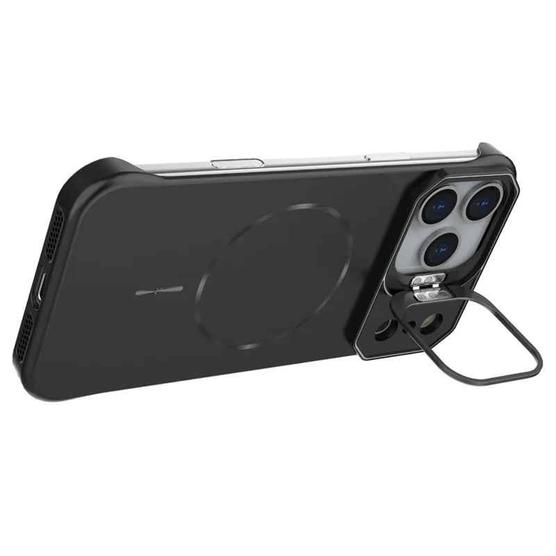 For iPhone 18 Pro / 17 Pro Magnetic Case Lens Frame Kickstand Matte PC Frameless Phone Cover - Black