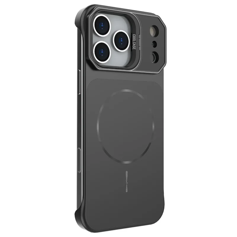 For iPhone 18 Pro / 17 Pro Magnetic Case Lens Frame Kickstand Matte PC Frameless Phone Cover - Black
