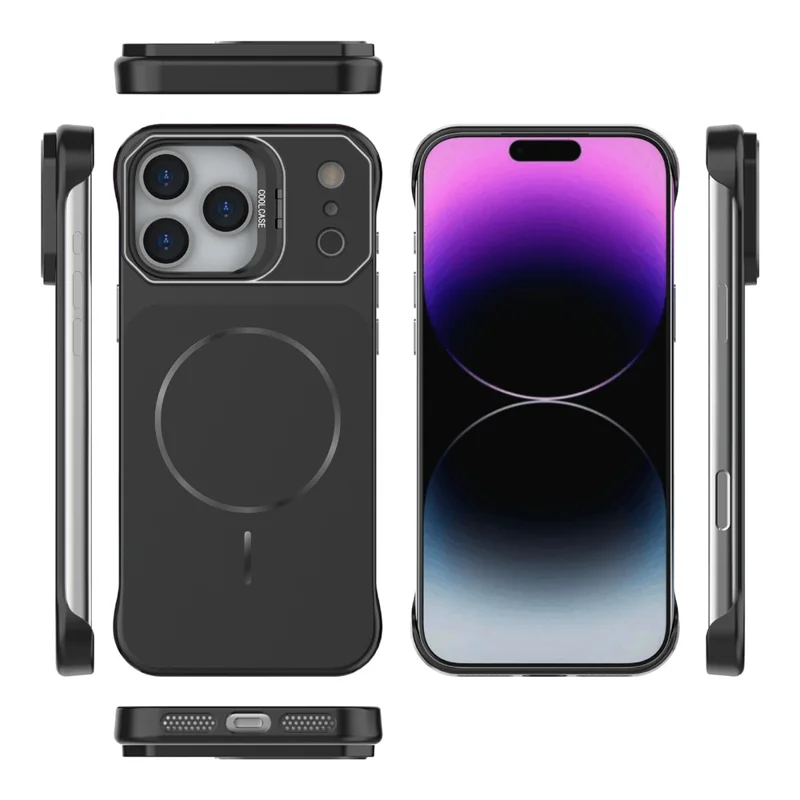For iPhone 18 Pro / 17 Pro Magnetic Case Lens Frame Kickstand Matte PC Frameless Phone Cover - Black