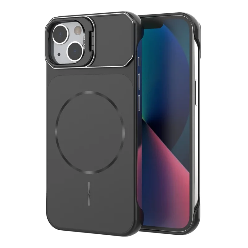 For iPhone 13 Magnetic Case Lens Frame Kickstand Matte PC Frameless Phone Cover - Black
