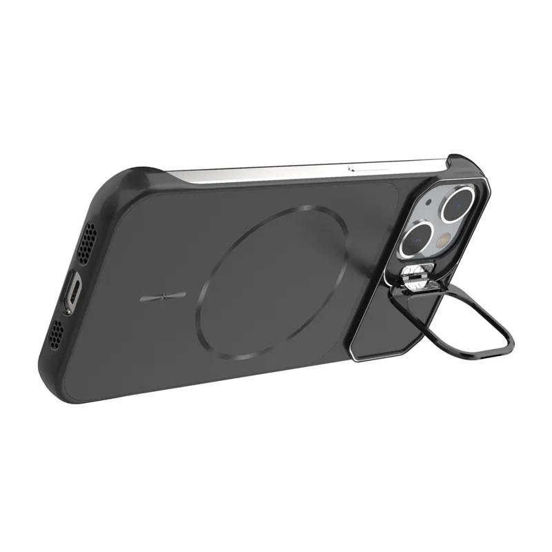 For iPhone 13 Magnetic Case Lens Frame Kickstand Matte PC Frameless Phone Cover - Black