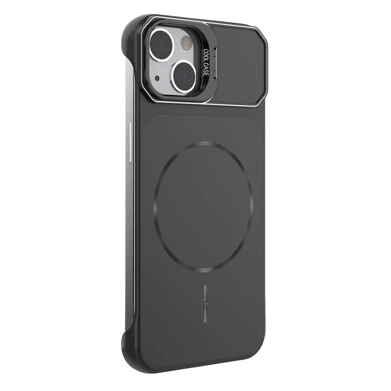 For iPhone 13 Magnetic Case Lens Frame Kickstand Matte PC Frameless Phone Cover - Black