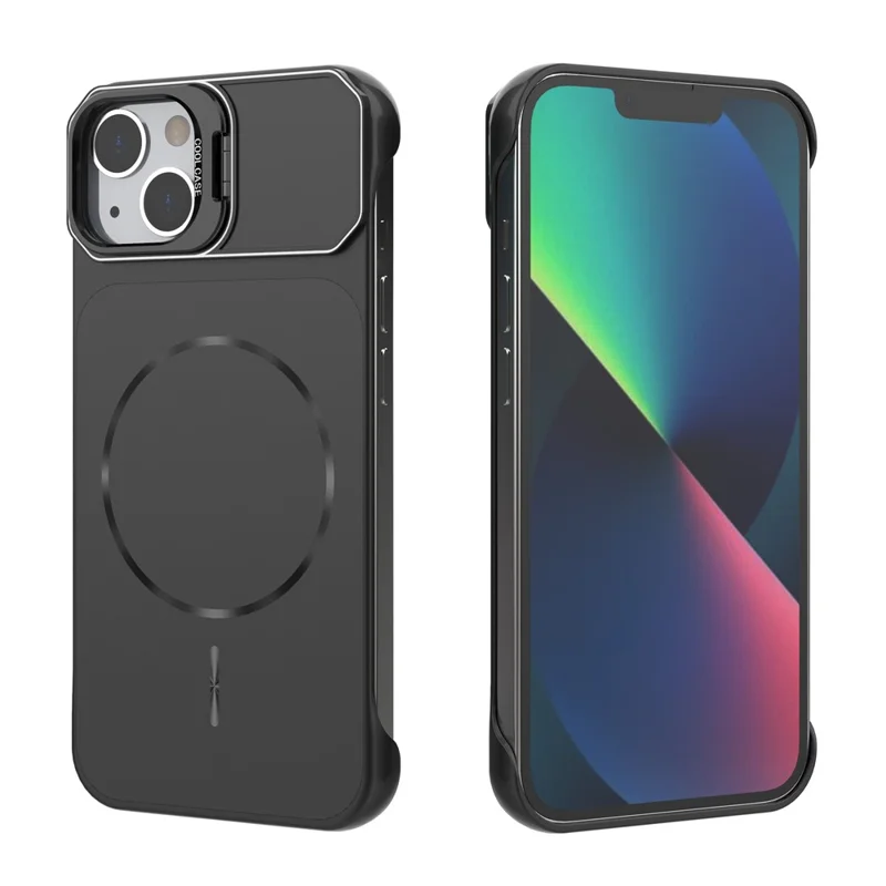 For iPhone 13 Magnetic Case Lens Frame Kickstand Matte PC Frameless Phone Cover - Black
