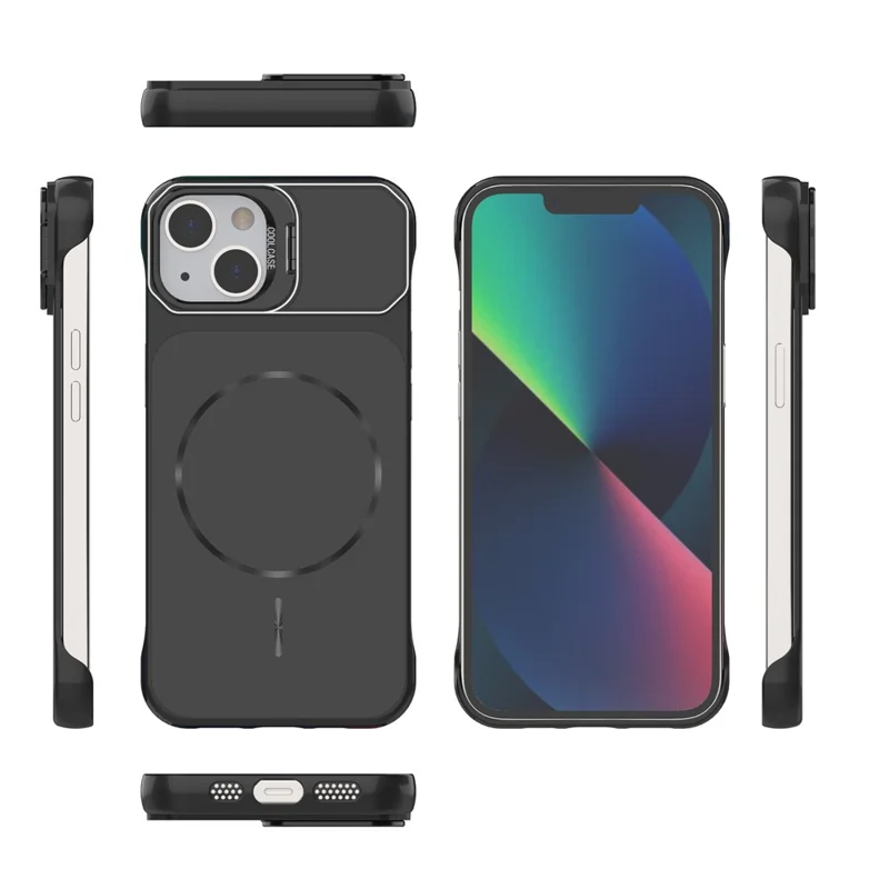 For iPhone 13 Magnetic Case Lens Frame Kickstand Matte PC Frameless Phone Cover - Black
