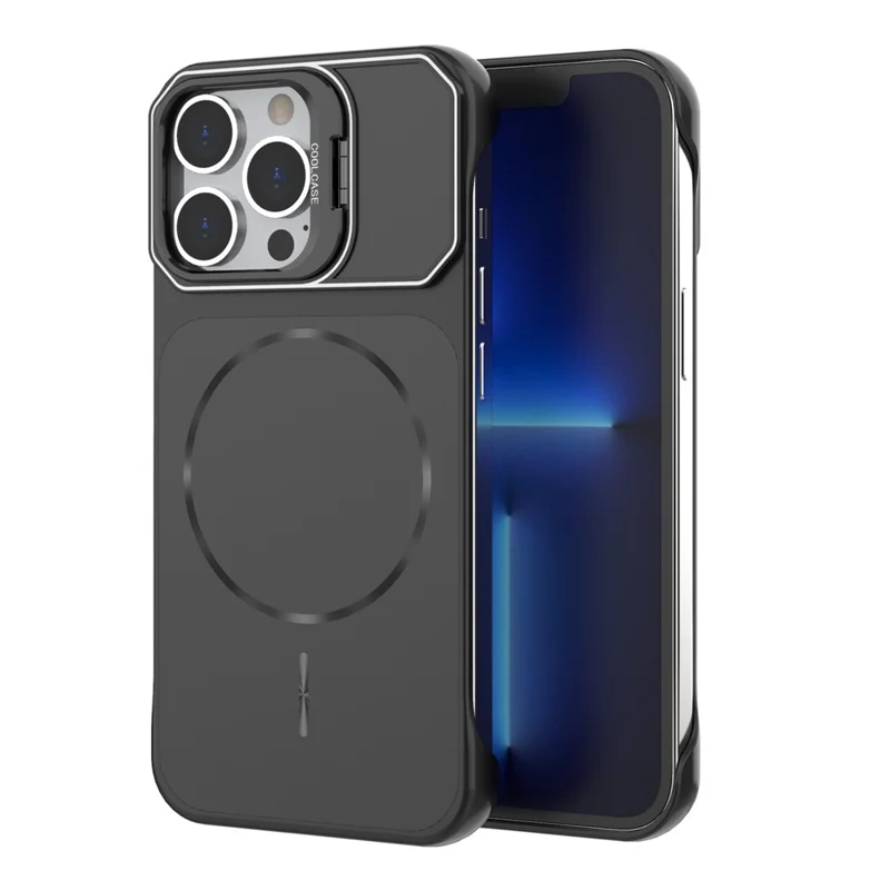 For iPhone 13 Pro Magnetic Case Lens Frame Kickstand Matte PC Frameless Phone Cover - Black