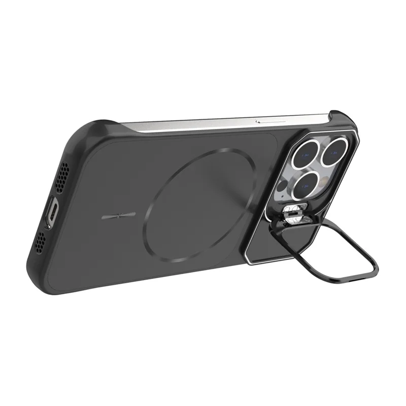 For iPhone 13 Pro Magnetic Case Lens Frame Kickstand Matte PC Frameless Phone Cover - Black