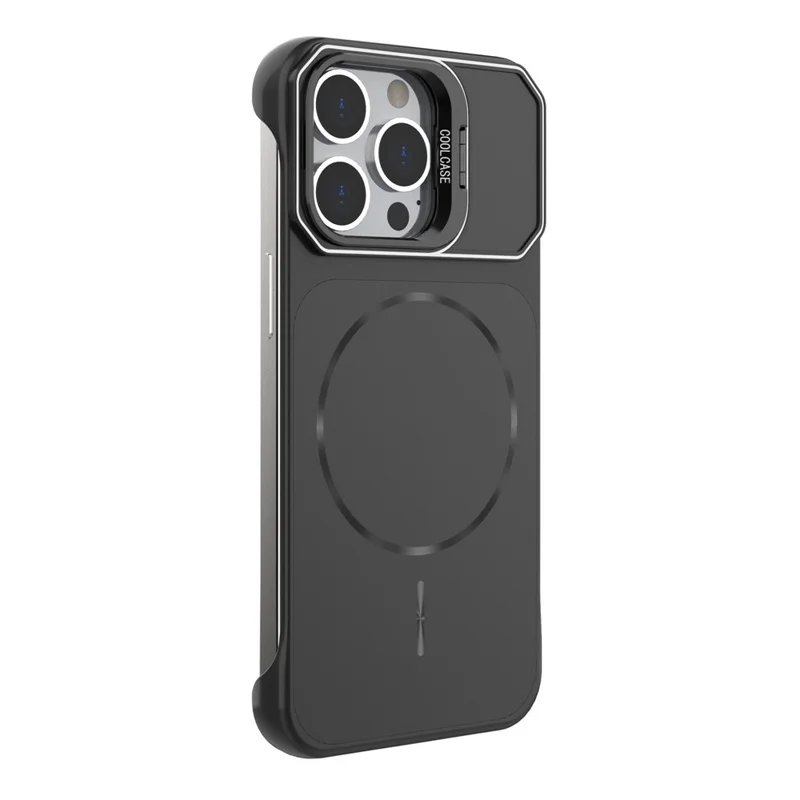 For iPhone 13 Pro Magnetic Case Lens Frame Kickstand Matte PC Frameless Phone Cover - Black