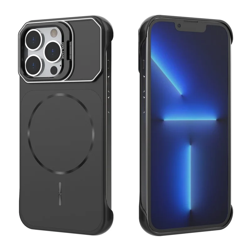 For iPhone 13 Pro Magnetic Case Lens Frame Kickstand Matte PC Frameless Phone Cover - Black