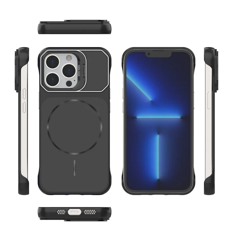 For iPhone 13 Pro Magnetic Case Lens Frame Kickstand Matte PC Frameless Phone Cover - Black