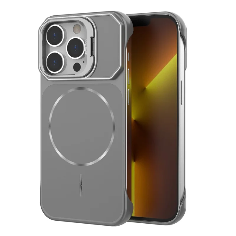 For iPhone 13 Pro Max Magnetic Case Lens Frame Kickstand Matte PC Frameless Phone Cover - Grey