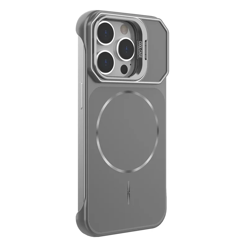 For iPhone 13 Pro Max Magnetic Case Lens Frame Kickstand Matte PC Frameless Phone Cover - Grey
