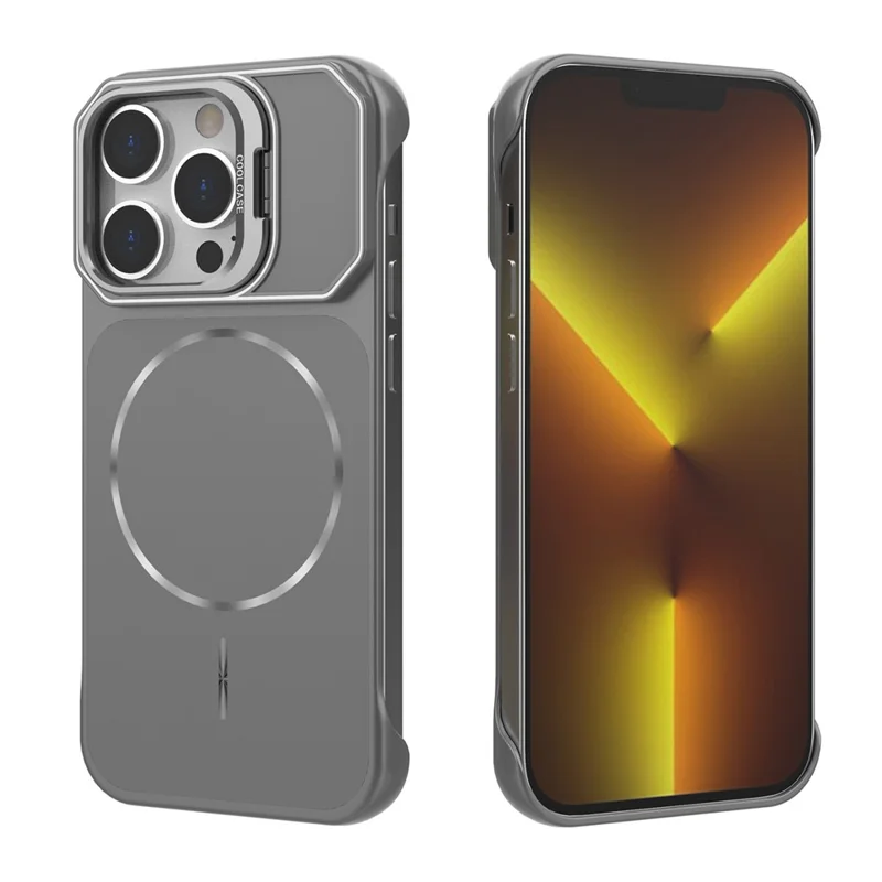 For iPhone 13 Pro Max Magnetic Case Lens Frame Kickstand Matte PC Frameless Phone Cover - Grey
