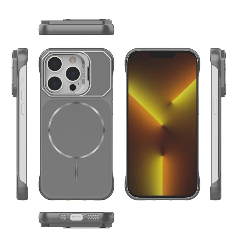 For iPhone 13 Pro Max Magnetic Case Lens Frame Kickstand Matte PC Frameless Phone Cover - Grey