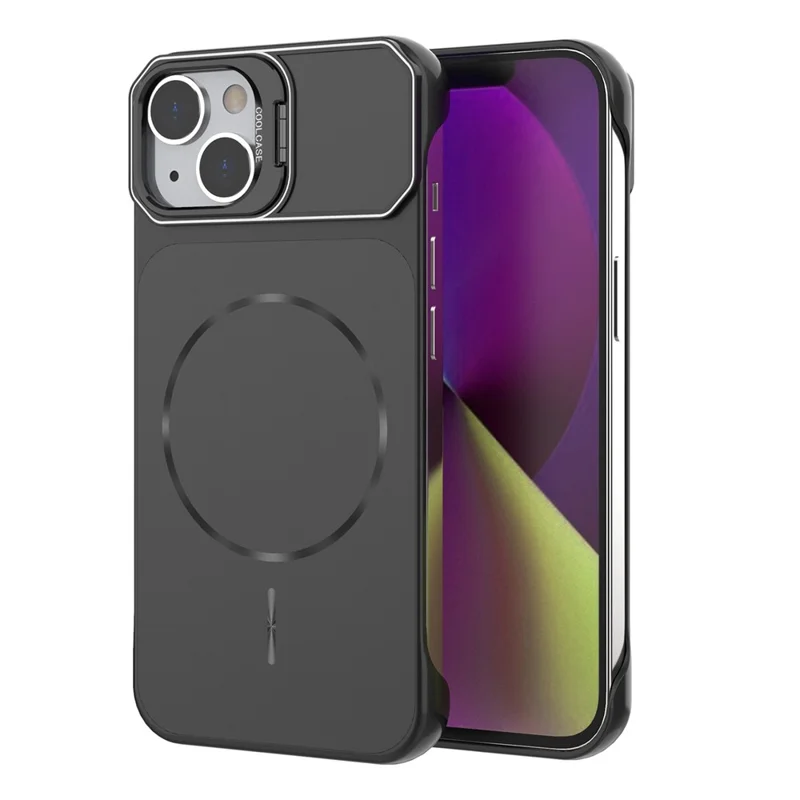For iPhone 14 Magnetic Case Lens Frame Kickstand Matte PC Frameless Phone Cover - Black