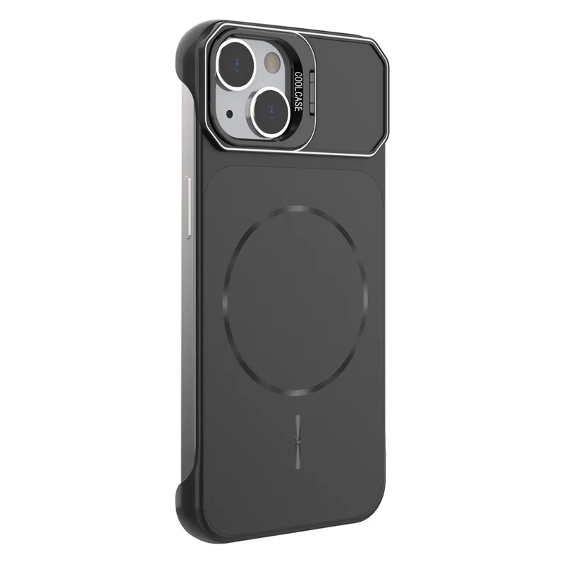 For iPhone 14 Magnetic Case Lens Frame Kickstand Matte PC Frameless Phone Cover - Black