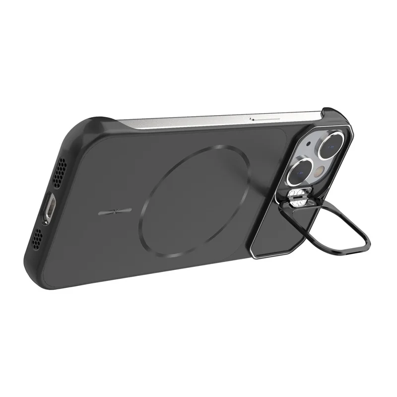 For iPhone 14 Magnetic Case Lens Frame Kickstand Matte PC Frameless Phone Cover - Black