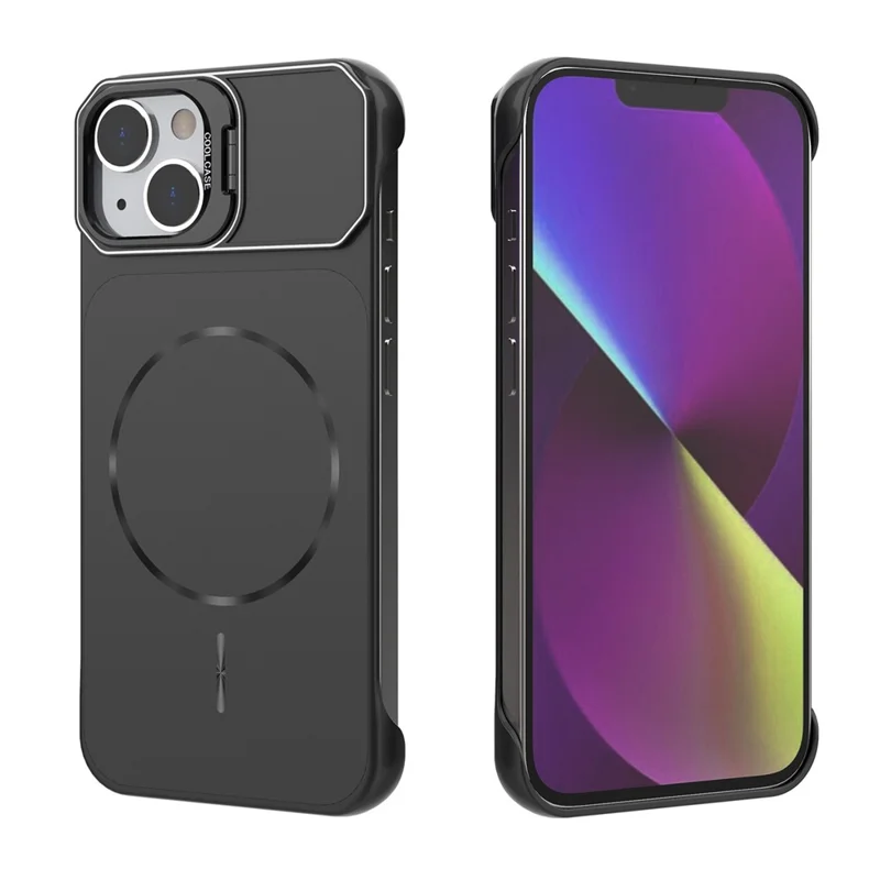 For iPhone 14 Magnetic Case Lens Frame Kickstand Matte PC Frameless Phone Cover - Black