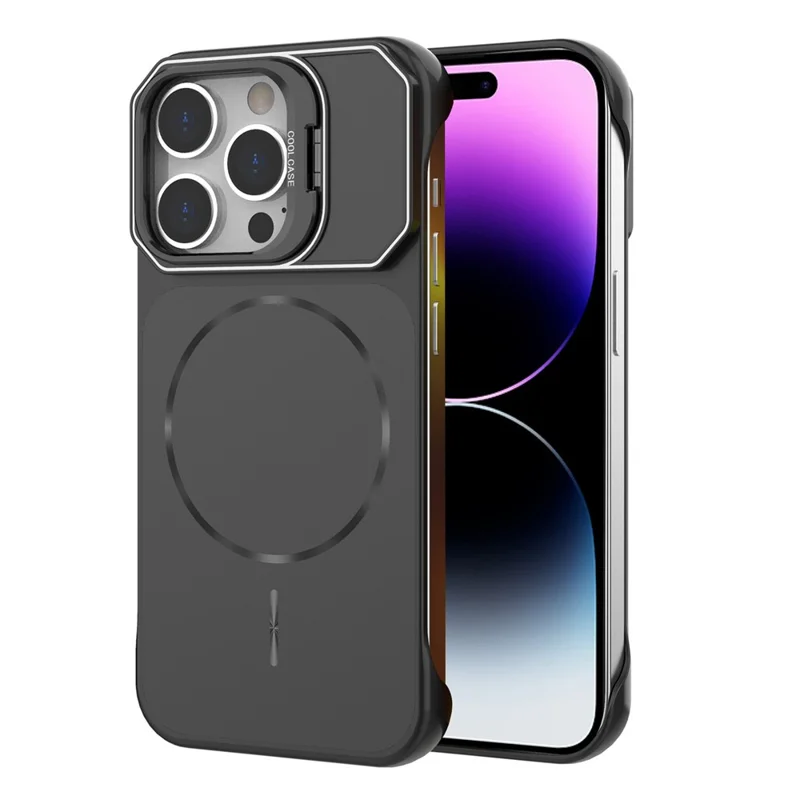 For iPhone 14 Pro Magnetic Case Lens Frame Kickstand Matte PC Frameless Phone Cover - Black