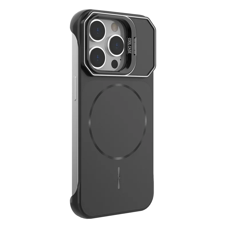 For iPhone 14 Pro Magnetic Case Lens Frame Kickstand Matte PC Frameless Phone Cover - Black