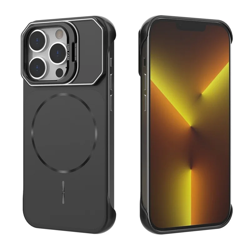 For iPhone 14 Pro Magnetic Case Lens Frame Kickstand Matte PC Frameless Phone Cover - Black