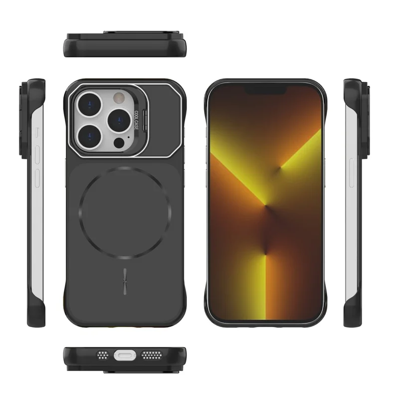 For iPhone 14 Pro Magnetic Case Lens Frame Kickstand Matte PC Frameless Phone Cover - Black